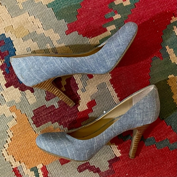Kelly & Katie Blue Denim & Wood Heels, sz 8 1/2 - Picture 1 of 6
